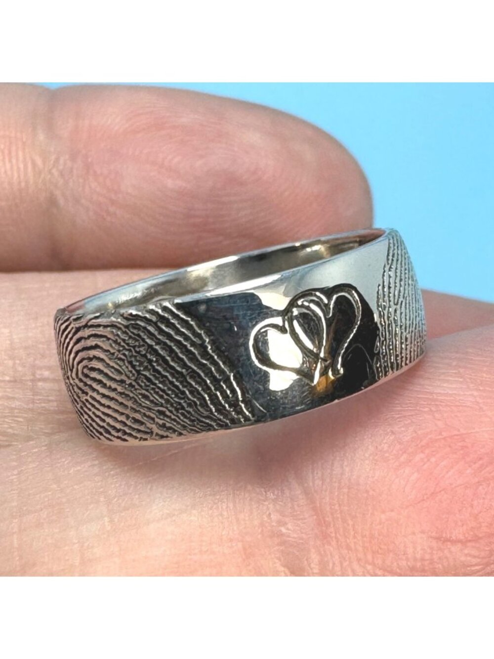 Fingerprint Design Sterling Silver 925 Heart Band 6mm Wide Ring Size 6
